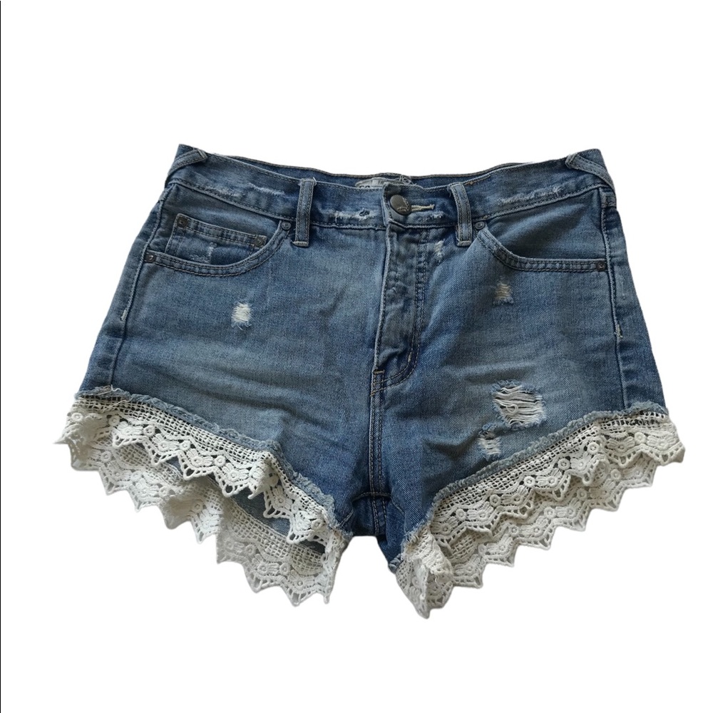 Free People Blue Denim Lace Trim Jean Shorts